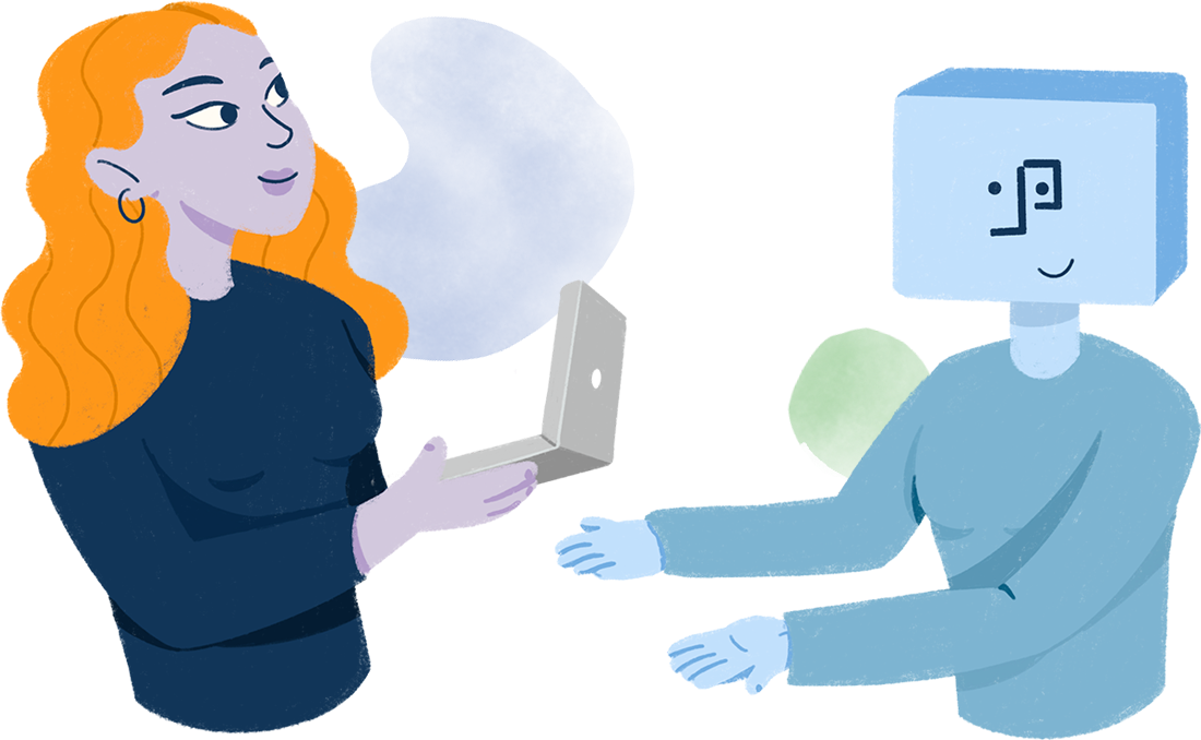 Personified staffer helping customer