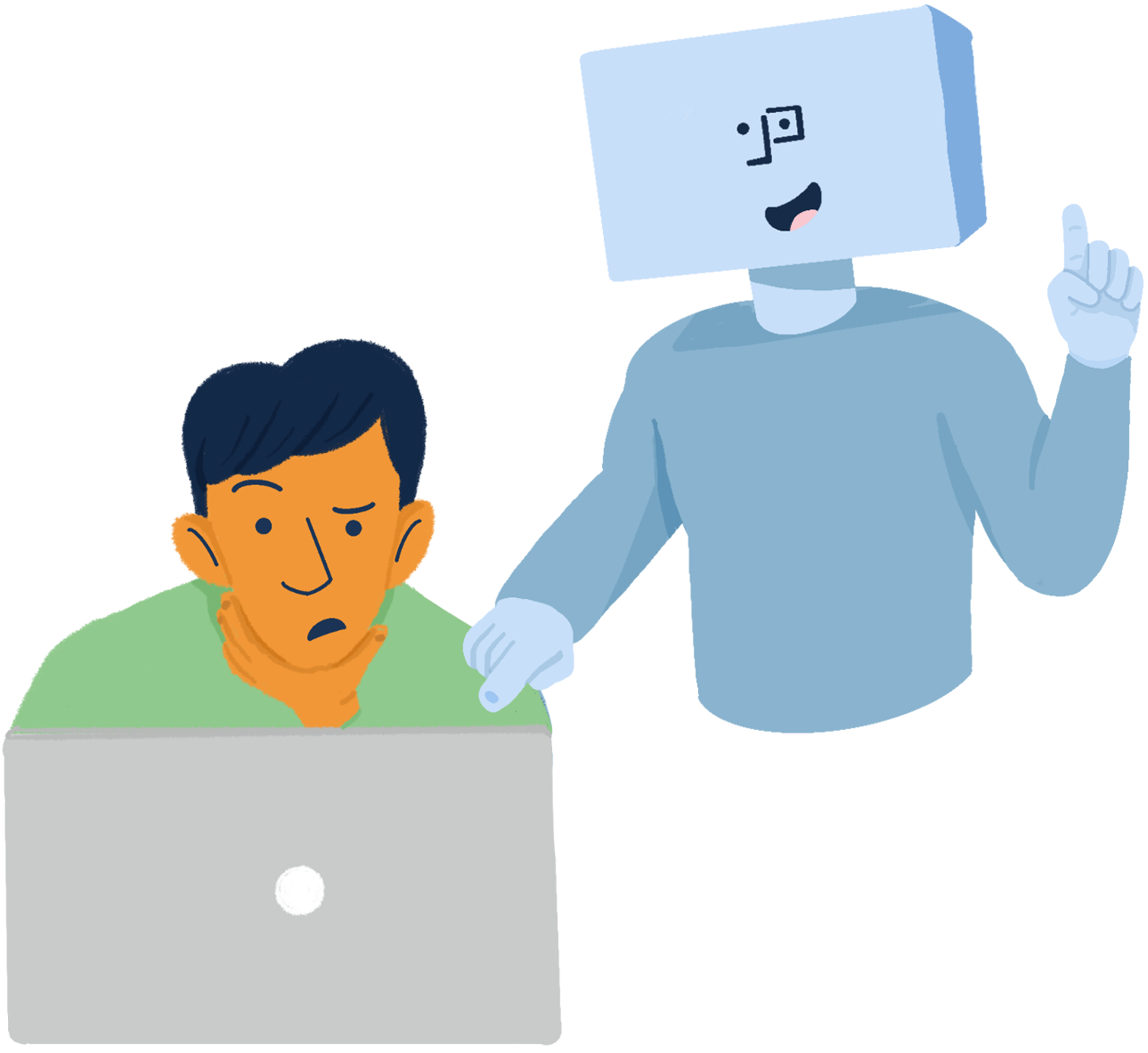 Personified staffer helping customer